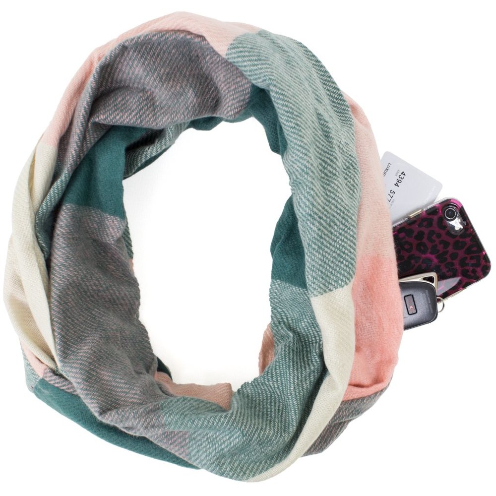 Light & Green Plaid Infinity Scarf with Hidden Zipper Pocket Scarf